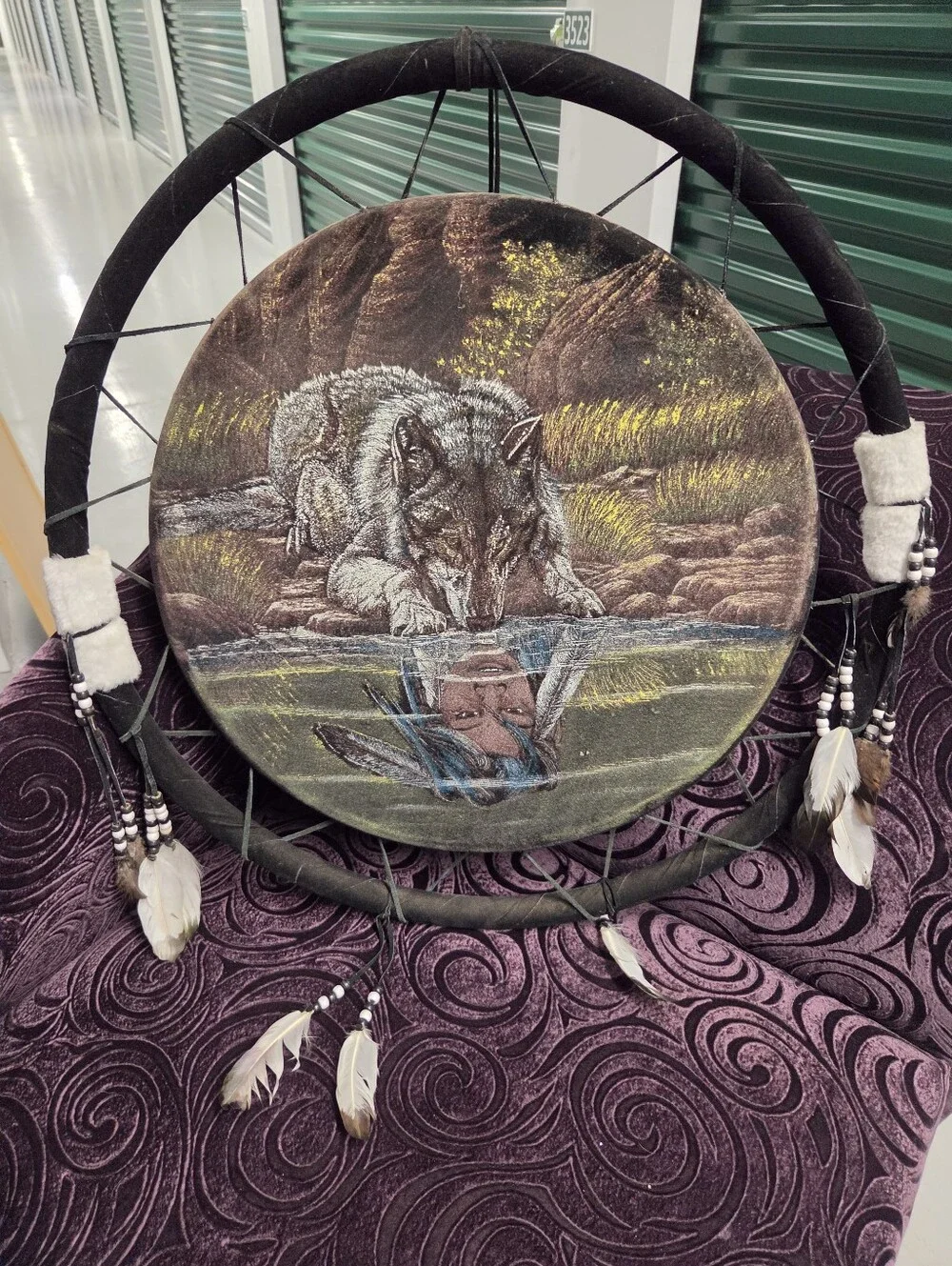 Handcrafted Wolf Reflection Dreamcatcher Wall Decor - Brown and Black. 2 Feet